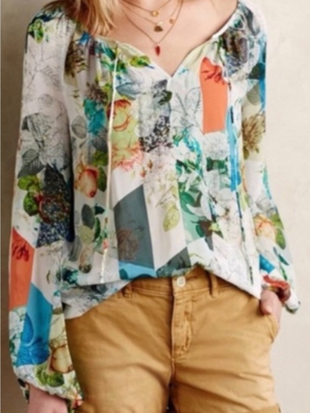 Anthropologie Leifsdottir 100% Silk Catappa Print Peasant Blouse Top Size 6